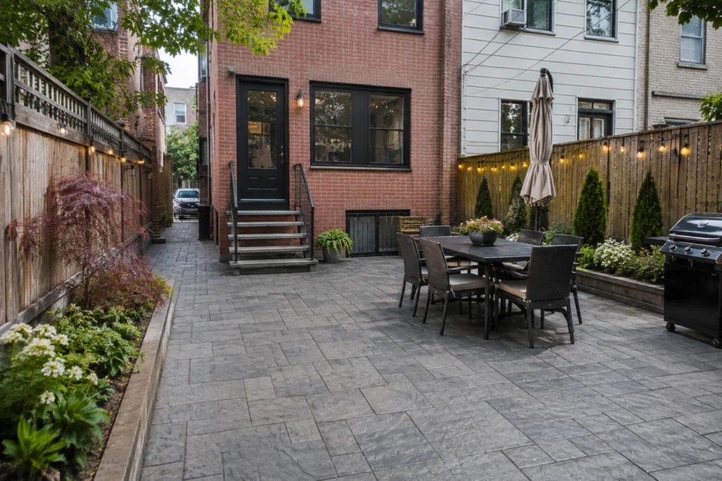 Stamped decorative concrete patio in a Brooklyn rear yard